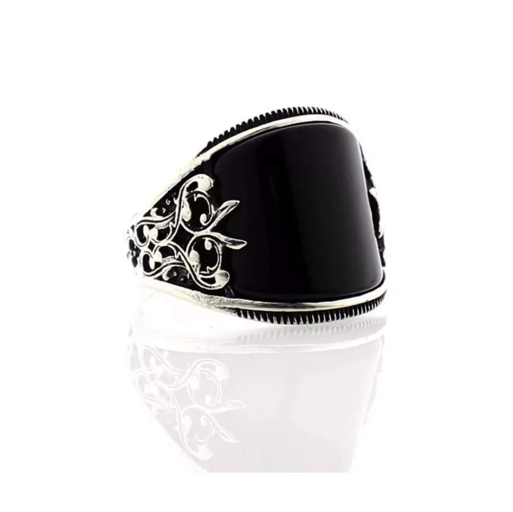 925 Sterling Silver Filled Obsidian Simulant Men's Fashion Ring